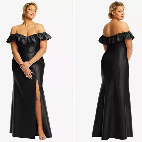 Alfred Sung Off-the-Shoulder Ruffle Neck Satin Trumpet Gown Black Sz 10 - Picture 2 of 10